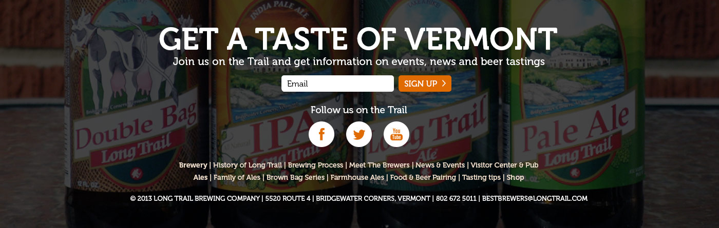  Footer including newsletter signup, site map, address to the brewery and direct contact email